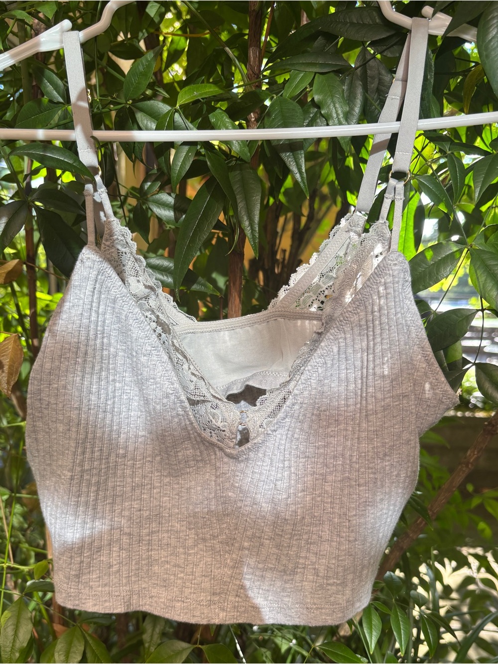 aerie Brand Lace-Insert with Outer Ribbed Bralette — Soft Gray